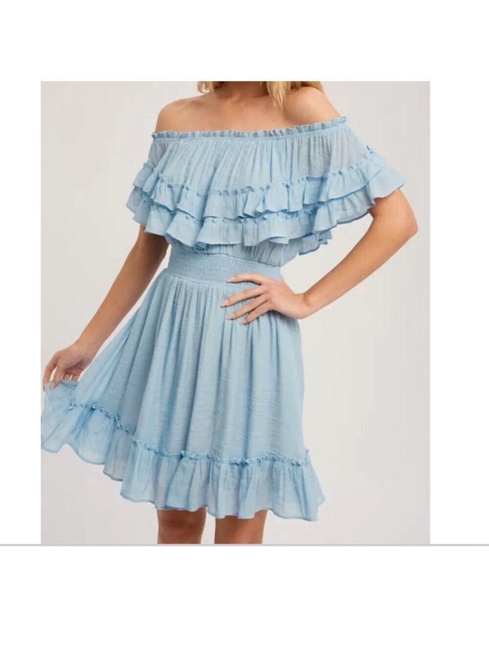 #114 Blue Off the Shoulder Ruffle Dress